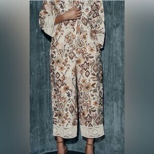 Zara Cream and Brown Printed Wide-Leg Pants